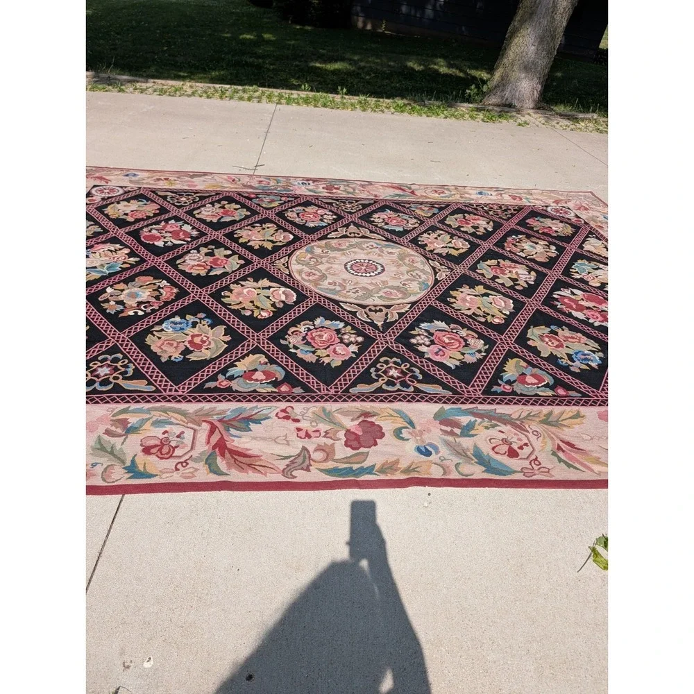 Antique  Aubusson Style Needlepoint Floral  Rug Carpet 13.6 X 9.9 Feet. Estate